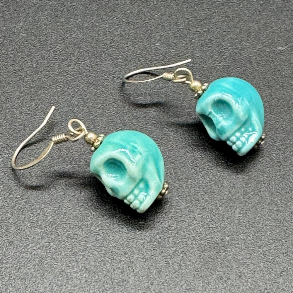 Vintage Ceramic Skull Pierced Earrings Hook Blue Halloween Gothic